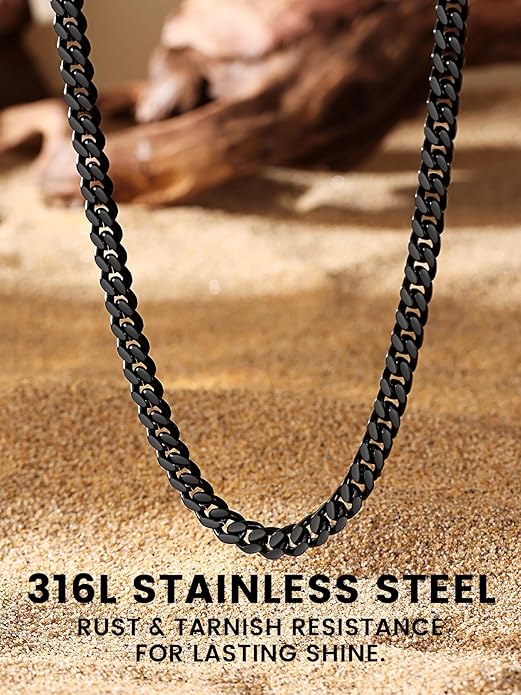Bestyle Thick Stainless Steel Mens Cuban Link Chain, Black/Gold Chain for Men, No Tarnish & Durable Men Chain Necklace, 5/7/9/12mm Wide, 18"-30" Long, Gift Package