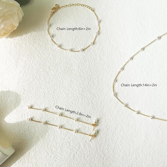 Gold Jewelry Set for Women - Dainty 14K Gold/Silver Plated Pearl Choker Necklace, Drop Earrings & Bracelets - Wedding Trendy Pearl Jewelry Gift