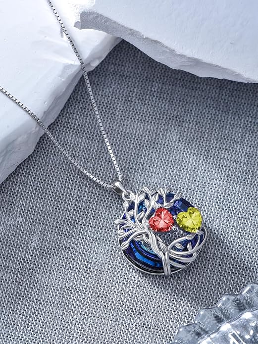 TOUPOP s925 Sterling Silver Family Celtic Tree of Life Pendant Necklaces with 2 Heart Birthstone with Blue Austrian Crystal Jewelry Birthday Anniversary Christmas Gifts for Her Wife Girlfriend Mom (18K Real White Gold Filled)
