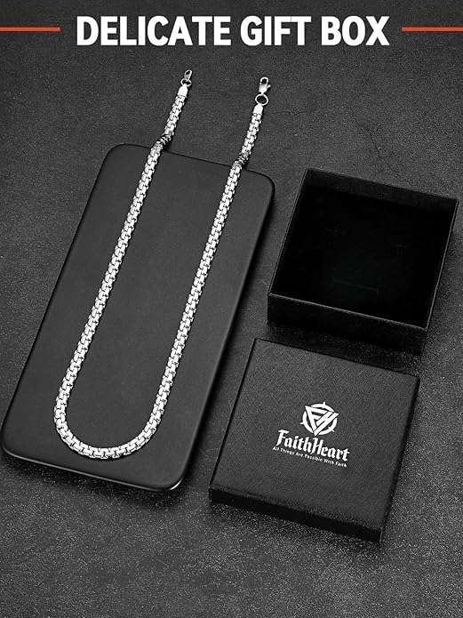 FaithHeart Mens Black/Silver/Gold Stainless Steel Flat Box Link Chain Necklace, Stylish 2/4/6/8mm Width Box Chains Necklaces for Men Non Tarnish Hip Hop Chain Jewelry Gifts,14"-30" Length