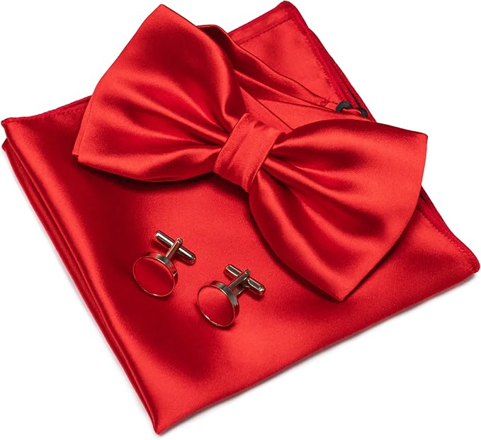 JEMYGINS Solid Color mens Pre-tied Bow Tie and Pocket Square Cufflinks Sets with Gift Box