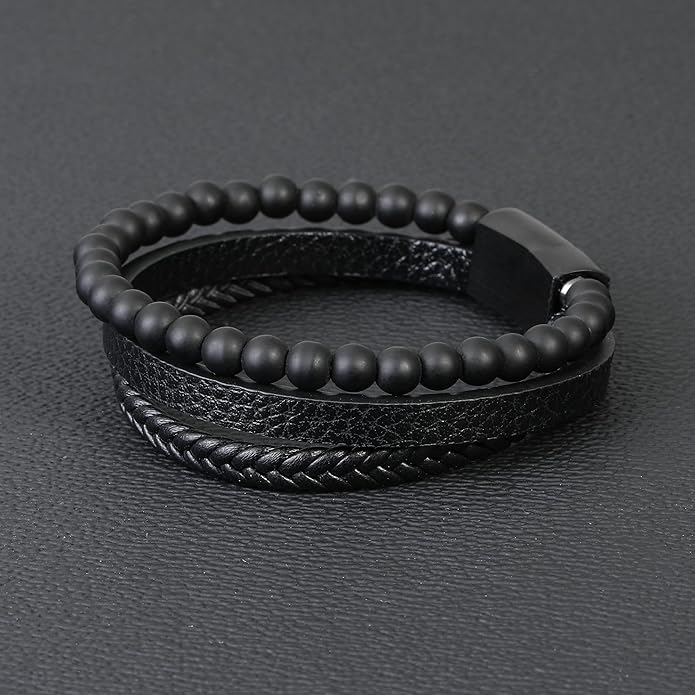 Gifts for Men - Layered Leather Beads Bracelet, Tiger Eye Lava Rock Stone Braided Leather Bracelets for Men Adjustable Magnetic Clasp Birthday Gifts