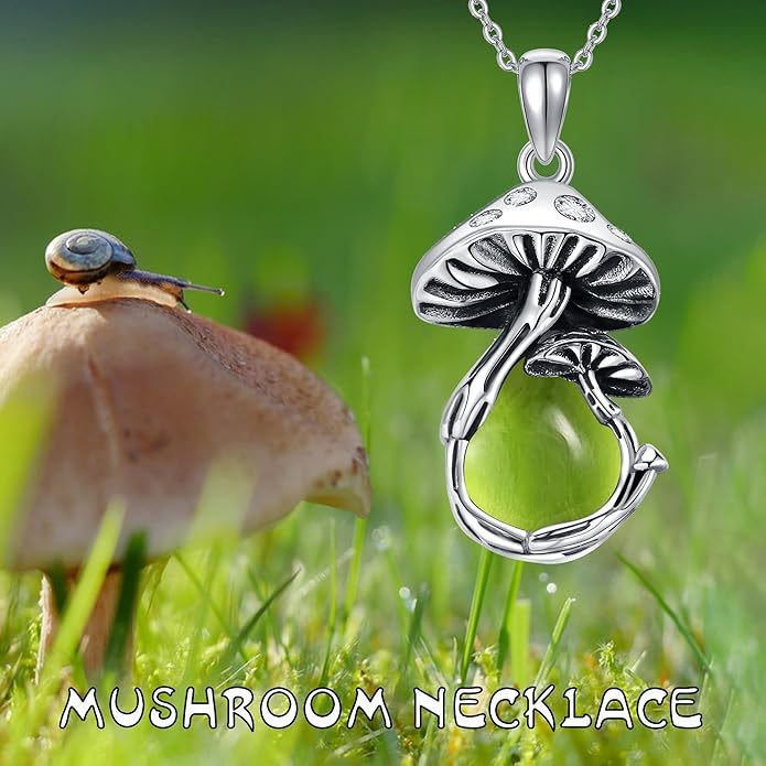 YAFEINI Mushroom Necklace Moonstone/Moss Agate/Malachite/Labradorite/Turquoise/Amber/Larimar/Black Onyx/Lapis Lazuli/Peridot/Opal Sterling Silver Mushroom Pendant Mother's Day Jewelry for Women Mom