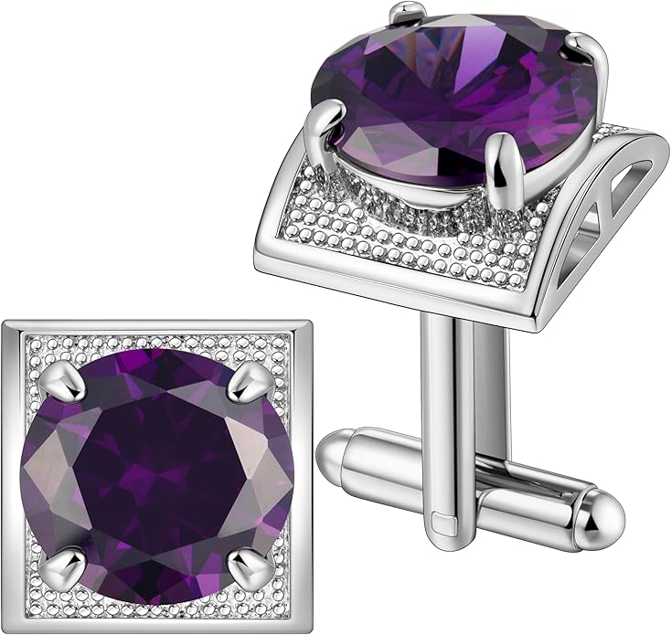 HAWSON Large Silver Birthstone Cuff Links Mens, Colorful Gem Cufflinks for Shirt Suit Accessories, Birthday Anniversary Wedding Gifts for Groommens Husband Father