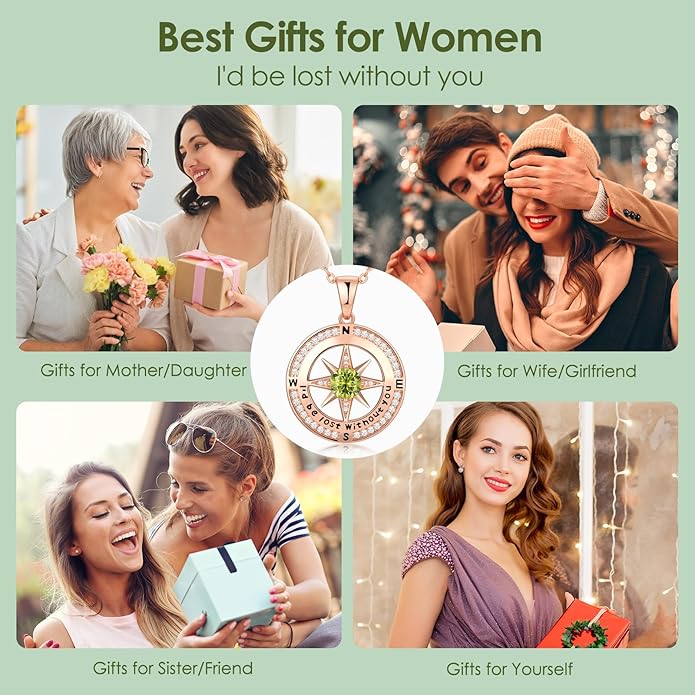 Zifeel Compass Necklace Gifts for Women wife - S925 Sterling Silver Birthstone Necklaces for Women - Anniversary Birthday Gifts for Her Wife Girlfriend - Valentines Mom Mothers Day Christmas Gifts Jewelry for Women