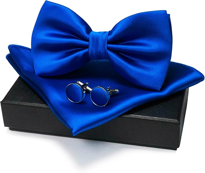 JEMYGINS Solid Color mens Pre-tied Bow Tie and Pocket Square Cufflinks Sets with Gift Box