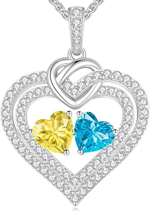 LOUISA SECRET Sparkling Double Heart Birthstone Necklaces for Women, 925 Sterling Silver Fine Jewelry, Pendant Heart Necklaces Birthday Anniversary Christmas Gift for Women Wife Mom Girlfriend Lady