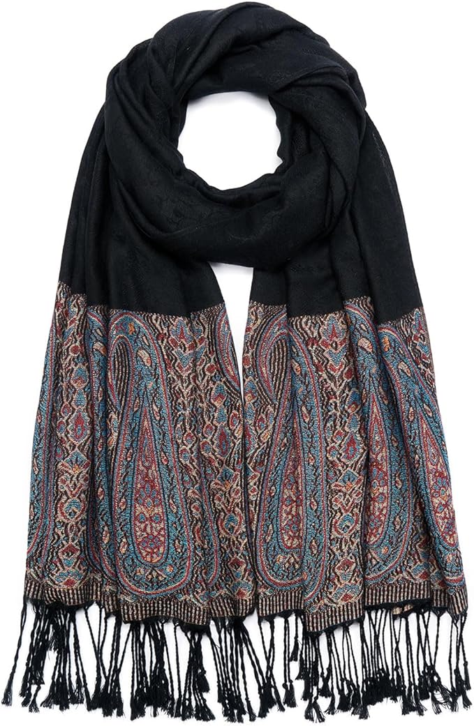 QIUTIMIY Paisley Pashmina Shawl Wrap Women Reversible Vintage Jacquard Pashmina Rave Scarf with Fringe for Evening, Wedding