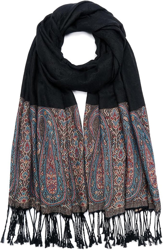 QIUTIMIY Paisley Pashmina Shawl Wrap Women Reversible Vintage Jacquard Pashmina Rave Scarf with Fringe for Evening, Wedding