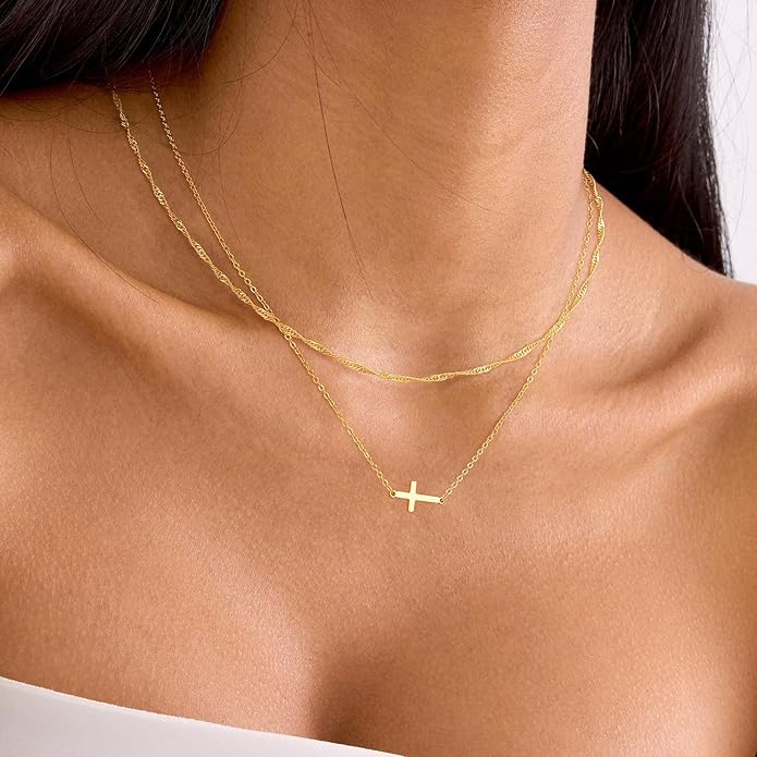 Cross Necklace for Women Dainty 14K Real Silver Gold Plated Layered Cross Pendant Necklace Stack Simple Trendy Cute Charm Choker Necklaces Jewelry Gift for Women Teen Her