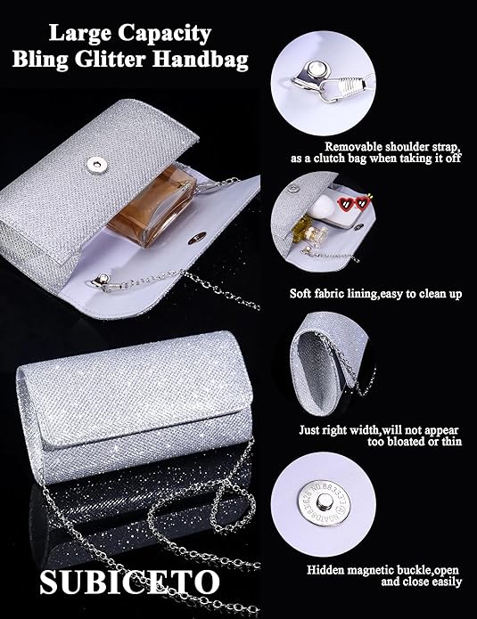 Subiceto 4Pcs Silver Clutch Purse Jewelry Set for Women Evening Rhinestone Purse Crystal Necklace Earrings Bracelets Set Silver Accessories for Women Bride Wedding Jewelry