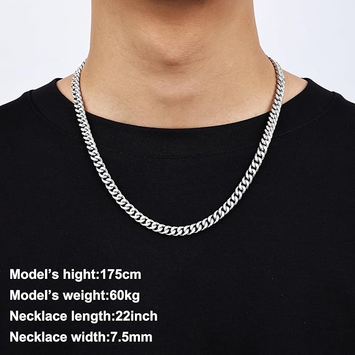 Fiusem Valentines Day Gifts for Him Silver Tone/Black/14K Gold Plated Chain Necklace for Men, 5mm/6mm/7.5mm/8mm/9mm Stainless Steel Cuban Link Chain Necklace, Men's Chains 18-28 Inch Jewelry Gifts