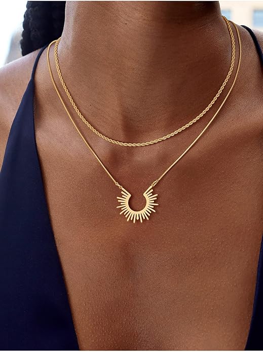 CHESKY Layered Necklaces for Women Trendy, Dainty 14k Gold Plated Pendant Necklace Layering Necklace for Women Non Tarnish Hypoallergenic Sun Gold Necklace Stack Gold Jewelry for Women Gifts