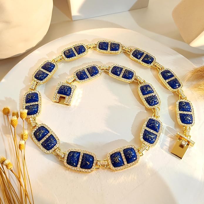 Chunky Necklace for Women 12 Colors Diamond Stone Gold Statement Necklace for Women Full Trendy Blue Birthstone Choker Necklace for Women Square Design Necklace Jewelry