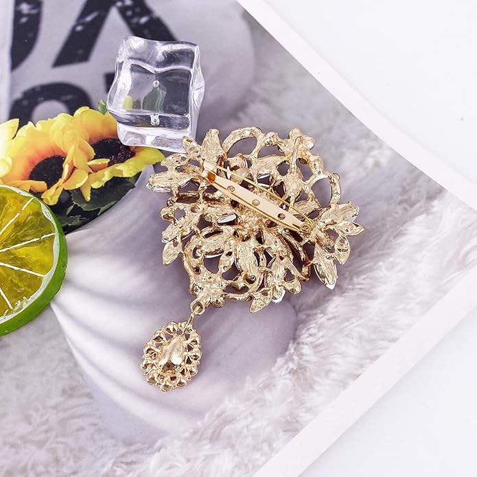 LAXPICOL Wedding Bridal Big Brown Crystal Rhinestone Bouquet Brooch Pin for Women Golden Tone