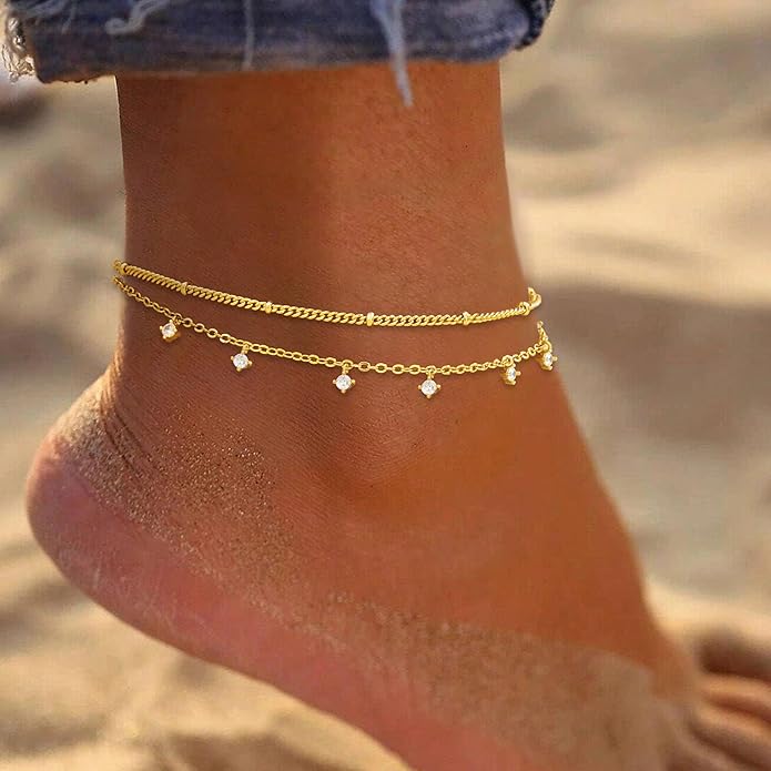 Sterling Silver Anklet Bracelets for Women Waterproof, 925 Sliver Plated CZ & Heart Charm Dainty Layer Anklets for Women Trendy, Simple Chain Anklets Set Gifts for Women, Jewelry Gifts for Her Women Mom Wife Girlfriend