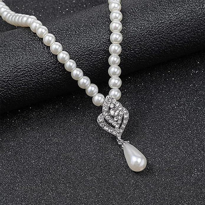 la luen Pearl Bride Wedding Jewelry Set Faux Pearls Crystal Rhinestone Necklace Earrings Bracelet Sets for Women Bridesmaid(3 PCS)