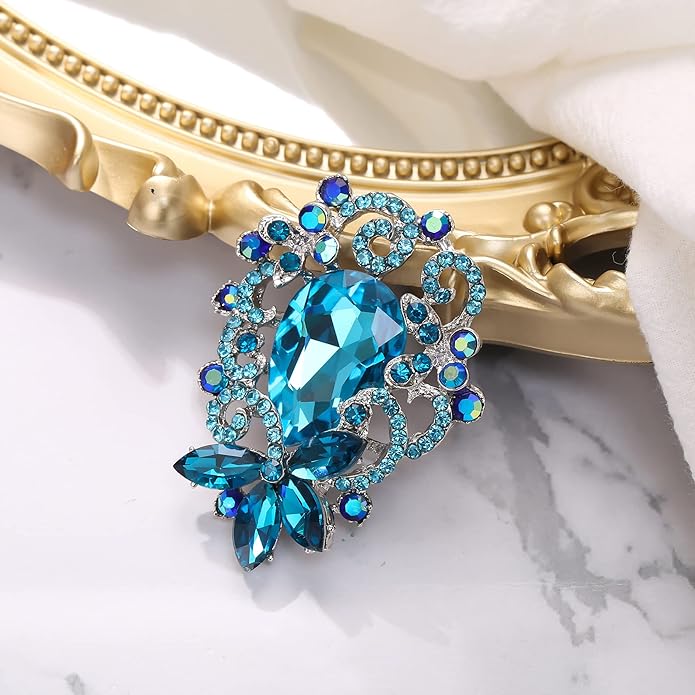 BriLove Elegant Crystal Teardrop Marquise Bouquet Brooch Pin for Women