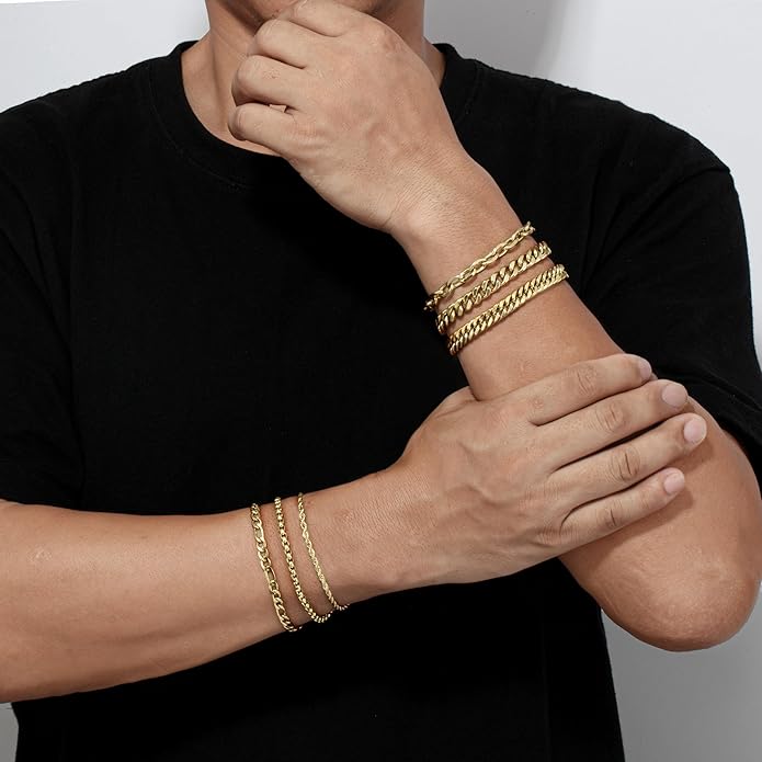 XIANNVXI 6pcs Stainless Steel Bracelets for Men Women Silver/Gold/Black Cuban Link Rope Paperclip Chain Bracelets Set 6.5/7/7.5/8.3/9 Inches Metal Bracelet Mens Fashion Accessories Jewelry Set