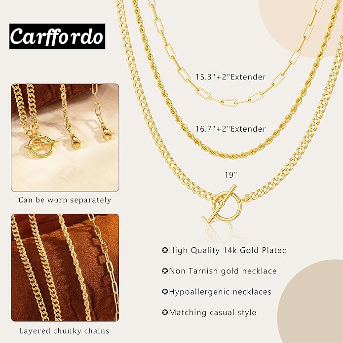 Gold Plated Necklaces for Women - Dainty Layered 14K Gold Plated Stack Paperclip Rope Cuban Toggle Link Chain Choker Necklace Set Chunky Trendy Jewelry Gift
