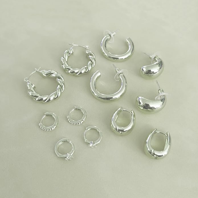 6 Pairs Gold Hoop Earrings for Women, 14K Gold Plated Huggie Hoop Earrings Set Hypoallergenic Lightweight Chunky Open Hoops Jewelry for Gift