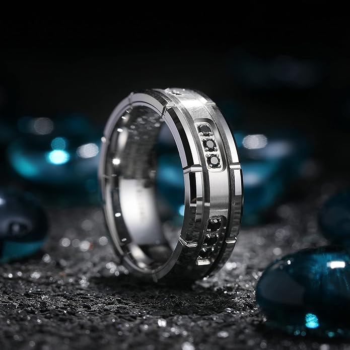 King Will Mens Tungsten Wedding Band with Cubic Zircon Inlay 7mm/8mm Flat Cut Comfort Fit Engagement Rings