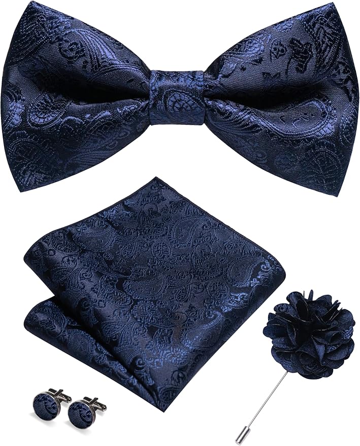 JEMYGINS Paisley Pre-tied Bow Tie and Pocket Square Cufflinks Lapel Pin Sets for Men 4PCS