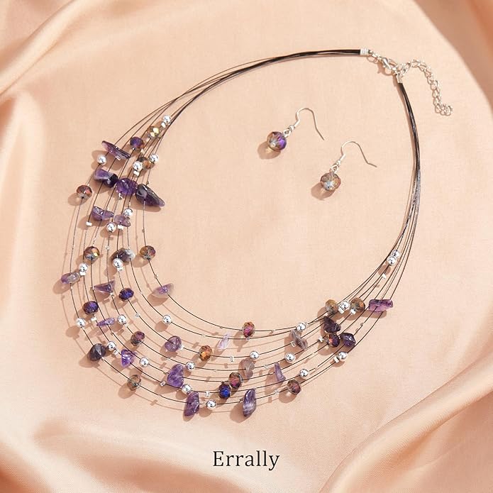 Multi-Layer Boho Shell Beaded Necklace for Women Colorful Crystal Strand with Silver Beads Statement Collars Necklace and Earrings Costumes Jewelry Sets for Women
