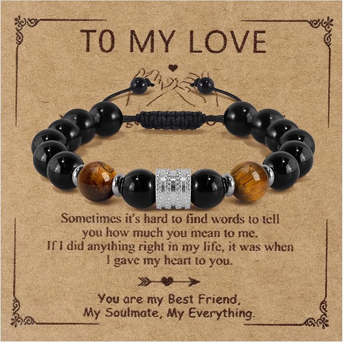 Hamoery Bracelets for Men Natural Tiger Eye Stone Beads Braided Rope Bracelet Gift for Dad Husband
