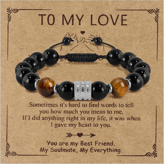 Hamoery Bracelets for Men Natural Tiger Eye Stone Beads Braided Rope Bracelet Gift for Dad Husband