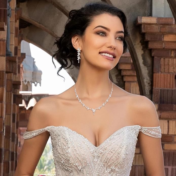 EleQueen Women's Simulated Pearl Wedding Jewelry Set, Cubic Zirconia Marquise Floral Bridal Necklace Earrings Bracelet Sets