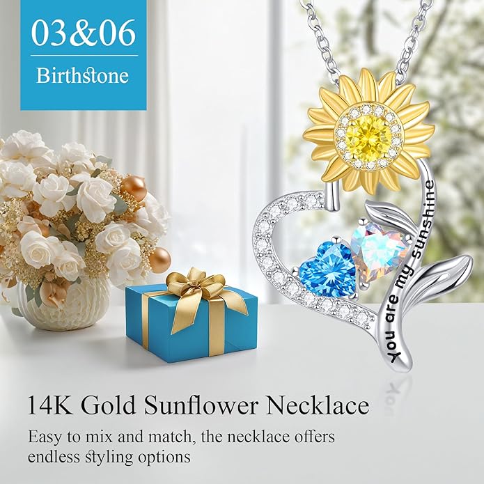 PERJI Valentine's Day Gifts for Women - 925 Sterling Silver Double Birthstone Sunflower Necklace, Anniversary Birthday Jewelry You are My Sunshine Gifts for Wife Couple Girlfriend 18"+2" Non Tarnish