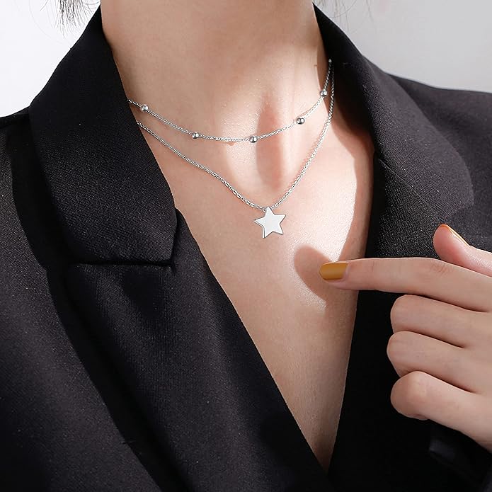 YinShan Layered Choker Necklace 925 Sterling Silver Star Moon Clavicle Jewelry Adjustable Lariat Necklaces for Women Girls Birthday Valentine's Day Gifts