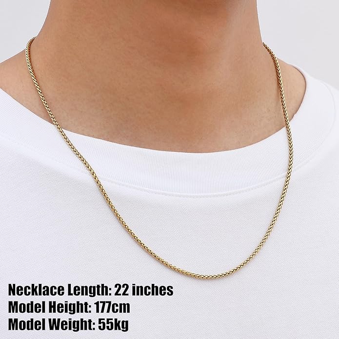 Fiusem Wheat Chains for Men and Women, 2/2.5/3/4/5mm Silver Tone/14K Gold Plated/Black Necklace Chain, Stainless Steel Mens Necklace 16-28 Inch