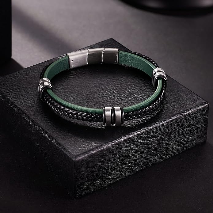 Leather Bracelet for Men with Adjustable Stainless Steel Magnetic Clasp Multi-Layer Braided Mens Leather Bracelet