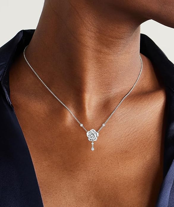 1/14 Carat Diamond Rose Necklace for Women 925 Sterling Silver Rose Flower Pendant Necklaces 18K Gold Plated Fine Jewelry