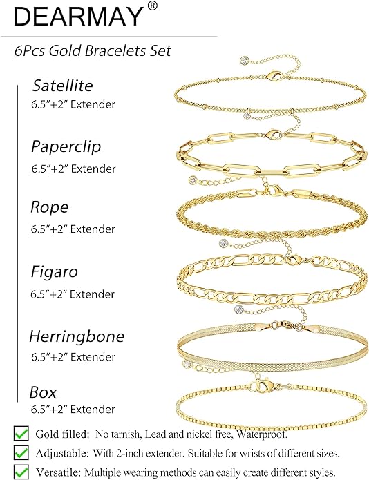 DEARMAY 14K Gold Plated Bracelets for Women Waterproof, Jewelry Sets Trendy Thin Dainty Stackable Cuban Link Paperclip Chain Bracelet Pack Fashion Accessories Gifts for Womens