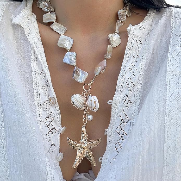 Gold Starfish Necklace for Women Beach Jewelry Accessories Sea Shell Beach Necklace Layered Starfish Pendant Beachy Ocean Necklaces Boho Cowrie Seashell Summer Necklaces Jewelry Gifts Trendy Stuff