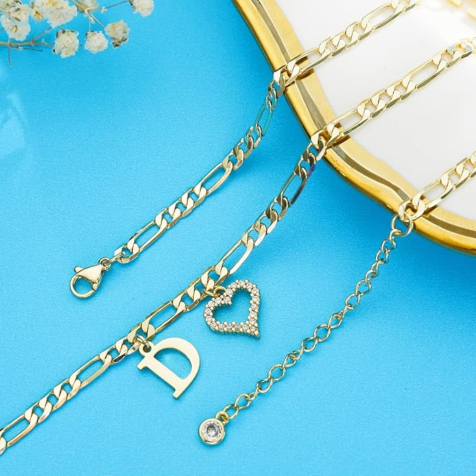 Initial Ankle Bracelets for Women Waterproof 14K Gold Plated Dainty Layered Figaro Chain Letter Initial CZ Heart Ankle Bracelets Set Summer Beach Jewelry for Women