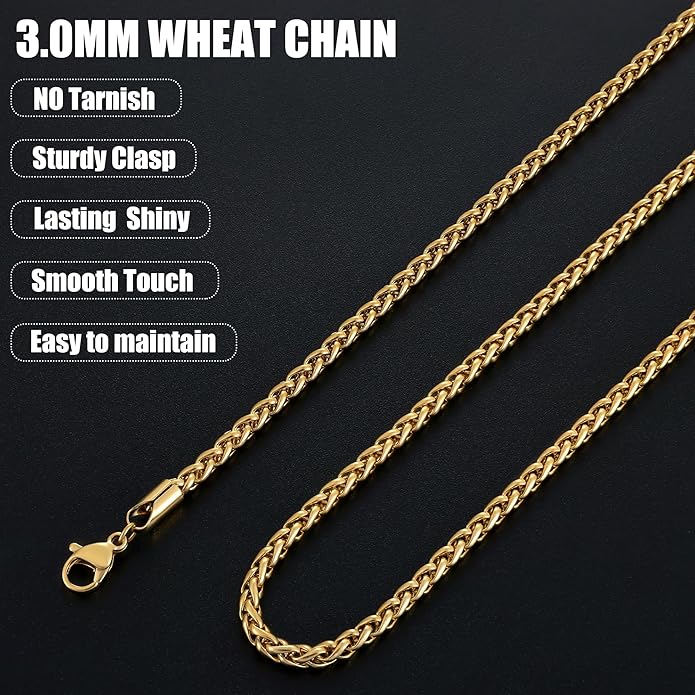 Fiusem Black Wheat Chains for Men and Women, 2/2.5/3/4/5mm Stainless Steel Necklace Chain, Mens Necklace Jewelry Gift 16-28 Inch