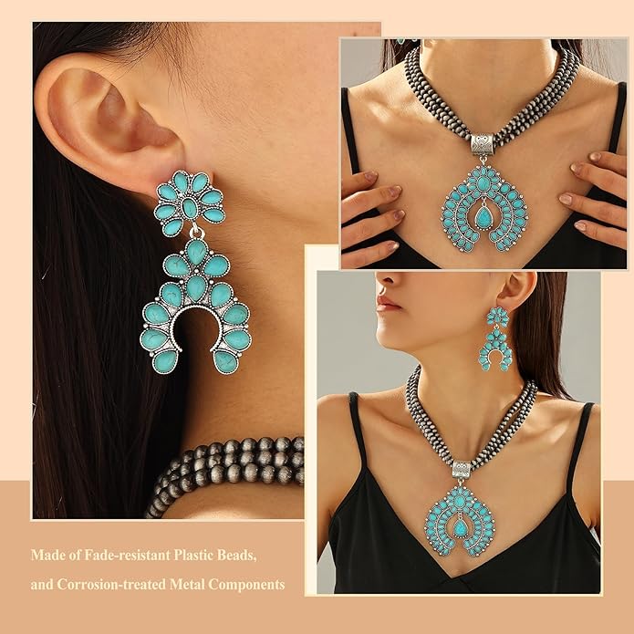 KLSURPRISE2 Western Jewelry Sets for Women – Turquoise Necklace and Earring Set Vintage Boho Cowgirl Accessories Country Jewelry Gift for Her