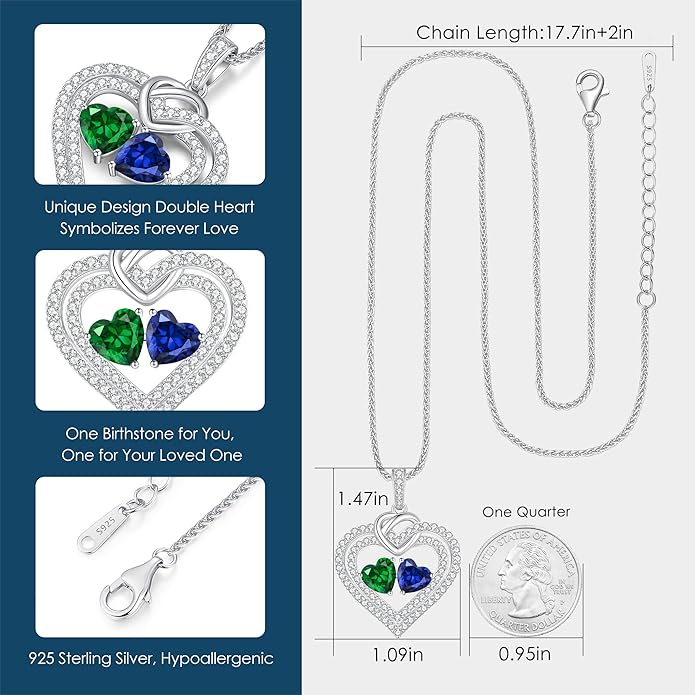 LOUISA SECRET Sparkling Double Heart Birthstone Necklaces for Women, 925 Sterling Silver Fine Jewelry, Pendant Heart Necklaces Birthday Anniversary Christmas Gift for Women Wife Mom Girlfriend Lady