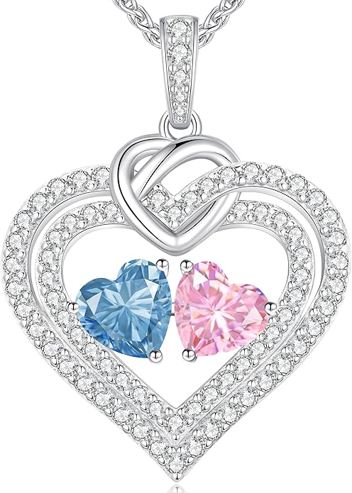 LOUISA SECRET Sparkling Double Heart Birthstone Necklaces for Women, 925 Sterling Silver Fine Jewelry, Pendant Heart Necklaces Birthday Anniversary Christmas Gift for Women Wife Mom Girlfriend Lady