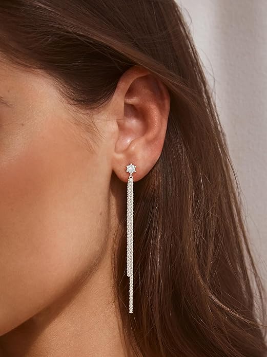 Moodear Dangle Earrings 14K Gold Plated Chain Earrings for Women Trendy Dainty Hypoallergenic Long Chain Drop Tassel CZ/Pearl Earrings Wedding Jewelry Gift