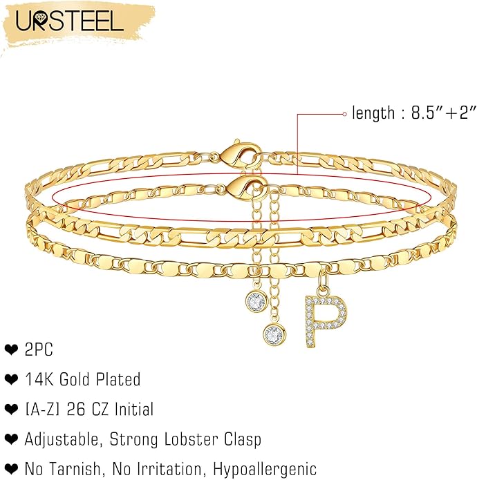 Ursteel Ankle Bracelets for Women, 14K-Gold-Plated Dainty Layered Chain CZ Initial Anklets Set Summer Jewelry Gifts for Women
