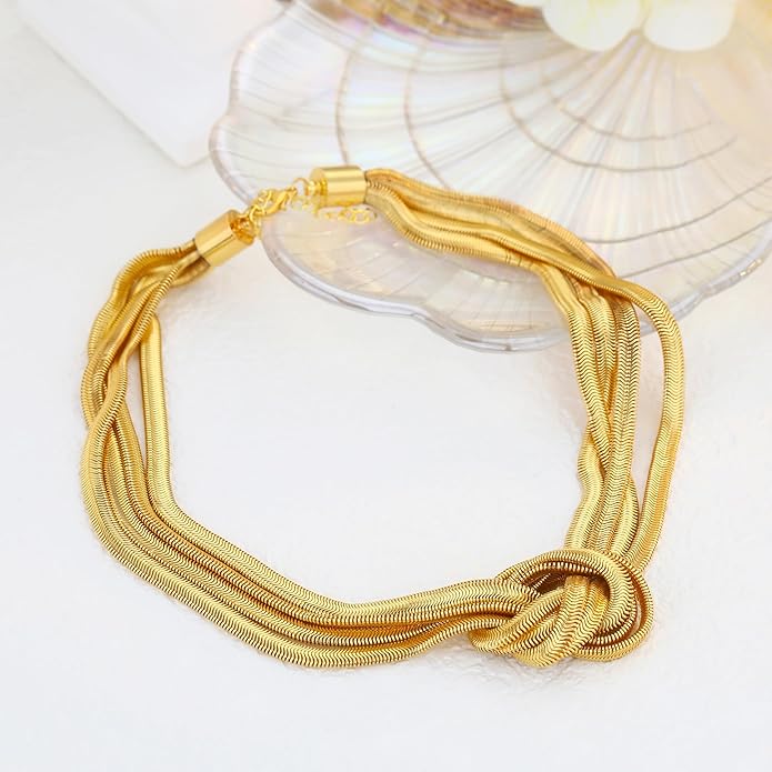 Chunky Gold Choker Necklace for Women, 14K Gold Plated Snake Chain Statement Necklace Triple Twsited Layered Choker Necklaces Jewelry Gifts
