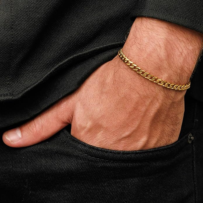 Galis Mens Bracelet - Cuban Link or Box Chain Layered Chain For Men - Premium Stainless Steel, Gift for him, Gold, Silver, Black Bracelet For Men 7-8" Size, 3-5mm Thick