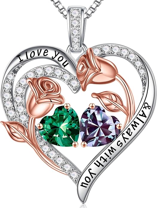 Iefil Birthstone Necklace for Women - 925 Sterling Silver Rose Heart Birthstone Necklace Birthday Anniversary Jewelry Gifts for Her Wife Mom Daughter