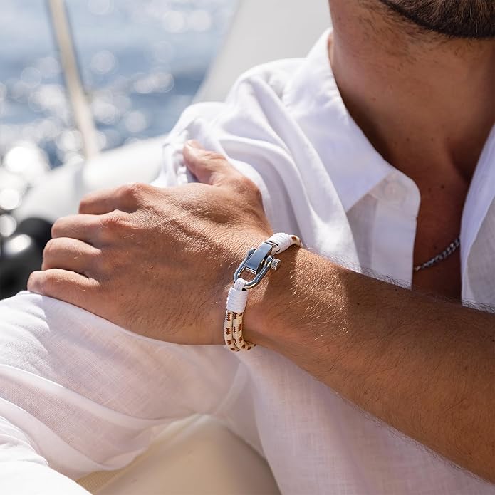Elegatto Duetto Platinum Rope Bracelet for Men | Double Nautical Nylon Cord with Silver Polished Stainless Steel Shackle Clasp | Waterproof and Fade-Resistant