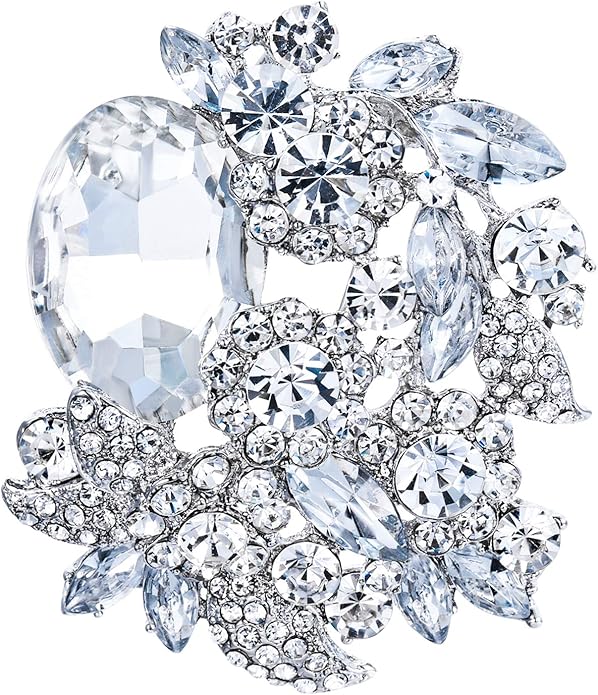 EVER FAITH Rhinestone Crystal Party Flower Leaf Vine Brooch